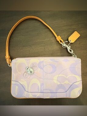 Coach Pink and Lavender Signature Wristlet with Tan Strap